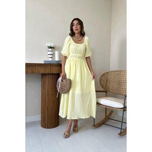 Vestido de lino de muselina amarillo de talla única con cuello fruncido, de alta calidad, informal, de tweed, con cintura imperio y volantes, ideal para el día a día. - Product Image 3