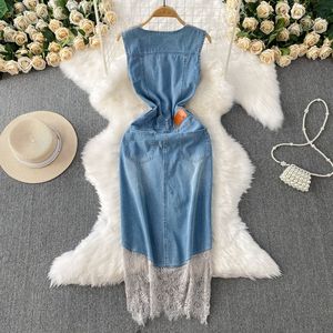 Vestidos de mezclilla sin mangas con cuello en V y encaje vintage para mujer, a la moda - Product Image 2