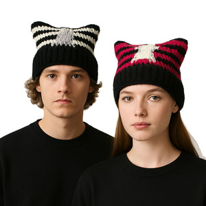 Hốc thích hợp tối Quỷ sừng đan Mũ mùa đông ấm áp cá nhân sọc màu khối mũ dễ thương tai Mèo Đan mũ thời tiết lạnh - Product Image 1