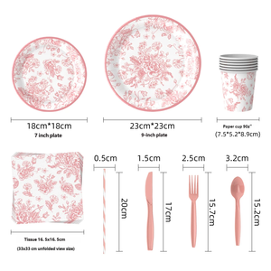 Set di Decorazioni <span class=keywords><strong>per</strong></span> <span class=keywords><strong>Feste</strong></span> in Stile Cinese Rosa e Bianco, Piatti e Tovaglioli con Motivo Floreale Rosa - Product Image 3