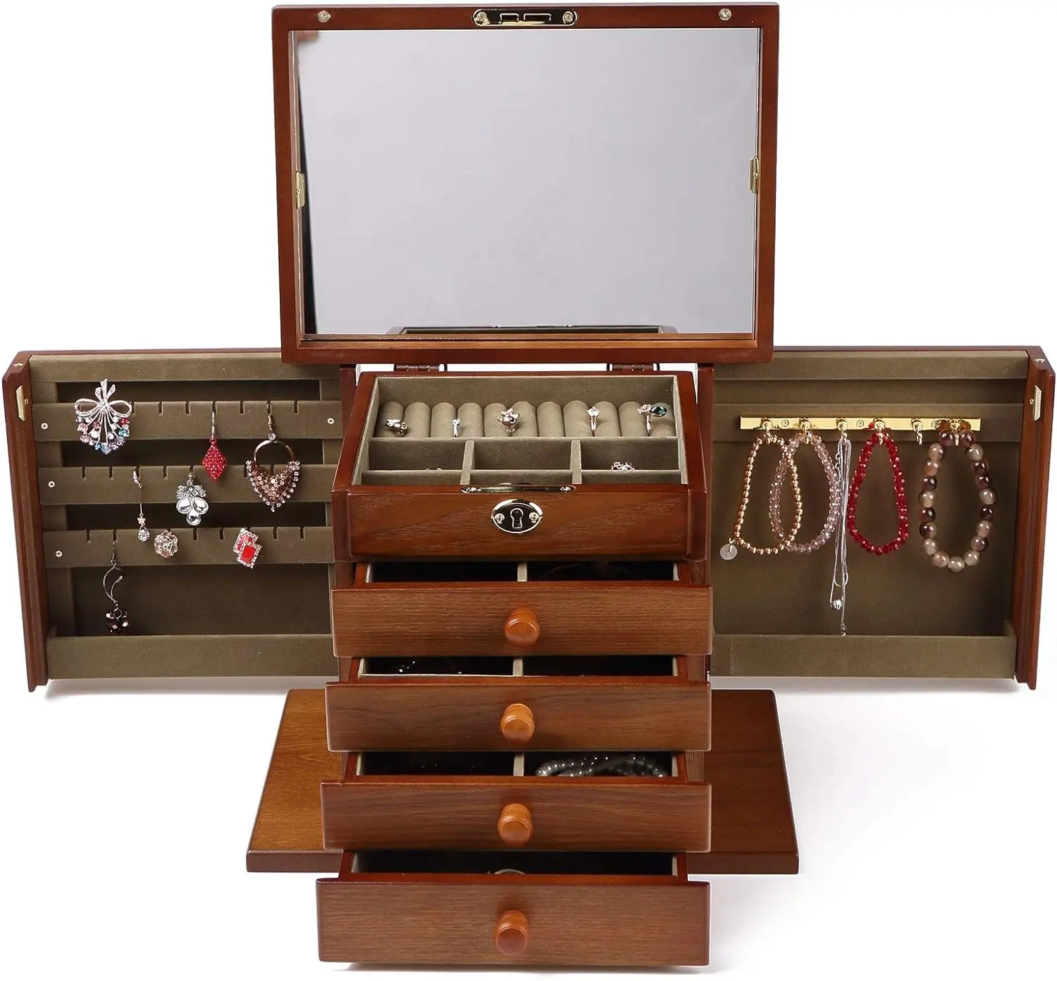 Wooden Jewelry box for women box with lock for DIY necklaces rings vintage style 4-drawer organizer box with mirror