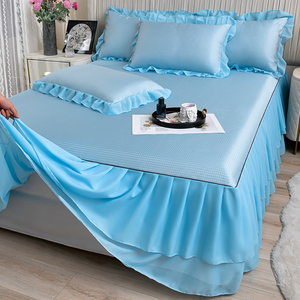 Fundas <span class=keywords><strong>de</strong></span> <span class=keywords><strong>Cama</strong></span> Desmontables Elásticas con Volantes en Color Azul Claro, Estilo Nórdico 2026, <span class=keywords><strong>de</strong></span> Seda <span class=keywords><strong>de</strong></span> Hielo, Encaje Bordado y Mezcla <span class=keywords><strong>de</strong></span> Lino - Product Image 2