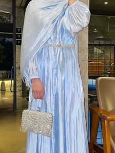 Abaya musulmane Eid 2 pièces avec écharpe manches lanterne magnifique robe de fête perles <span class=keywords><strong>ceinture</strong></span> longue robe abayas robes <span class=keywords><strong>caftan</strong></span> - Product Image 4