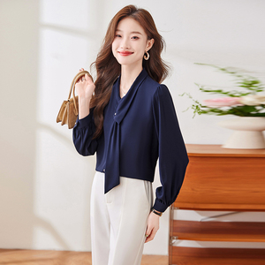 2025 <span class=keywords><strong>Moda</strong></span> Blusa de gasa de manga larga con cuello en V para mujer Tops de oficina para mujer con lazo liso teñido 8306 Blusas - Product Image 3