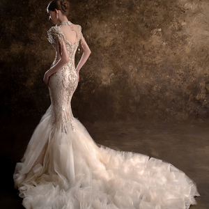 LSHT136 Vestido de Novia Largo y Elegante con Cuello Alto y Borlas, Estilo Sirena, con Encaje Floral y Bordado de Cristales para Fiesta - Product Image 3
