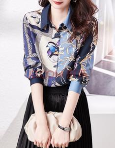 Blus Vintage musim gugur wanita, kaus blus desain bunga lengan panjang cetak bunga burung - Product Image 3