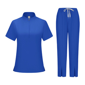 Women Hospital Uniform Set Blue Short Sleeve Zip <b>Top</b> And Pant Moisture Wicking Workwear For Medical Use - Product Image 1