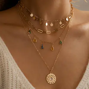 New Geometric Disc Tassel Alloy Diamond Four Layer Necklace Women Jewel Accessories