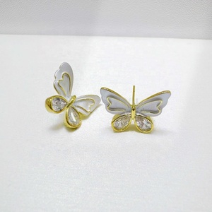Boucles d'oreilles clous fines en argent sterling 925 plaqué or 14 carats, zircon, petites coquillages, papillons d'été, pour filles, vente en gros, pas cher - Product Image 4