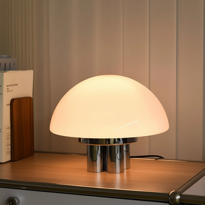Lampe de bureau LED moderne en forme de champignon avec métal et verre, lumière chaude 3000K, garantie de 2 ans pour usage hôtelier - Product Image 1