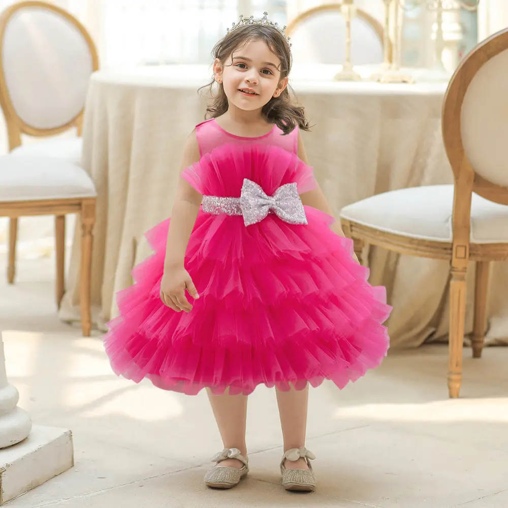 Nouveautés Robe à paillettes avec nœud Robe de fille sans manches à couches Robe de princesse rose pour enfants Robe de soirée fille anniversaire mariage