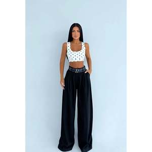 Pantalones Acampanados Negros Lumia de Doble Cinturón para Mujer, Estampado Casual, Talla XL, Tejido Transpirable, Cintura Media, Lavado a Color, Holgados para Otoño - Product Image 1