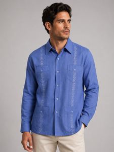 Camisa Guayabera de Manga Larga <span class=keywords><strong>para</strong></span> Hombre, Bordado Vertical, Pliegues Decorativos, 4 Bolsillos, Estilo Cubano Informal, Cierre de Botones, Tallas Regulares US/EU - Product Image 2