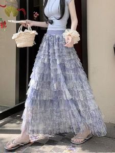 Vestido <span class=keywords><strong>de</strong></span> chifón azul tie-dye <span class=keywords><strong>de</strong></span> media longitud con malla para mujer, estilo veraniego, súper etéreo, con volantes en capas y diseño <span class=keywords><strong>de</strong></span> pastel. - Product Image 3