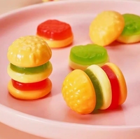 Gummies en forme de hamburger, certifiées Halal et HACCP, en gélatine, aux couleurs vives et aux saveurs fruitées, personnalisables avec logo, disponibles en vrac (boîte/sac)