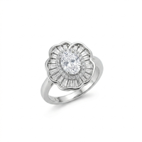 Cincin Bunga Putih Berlapis Rhodium Kuningan Vintage Batu Oval Potongan Baguette Hadiah Pengantin Pakaian Pesta Merek LY Model SCR180
