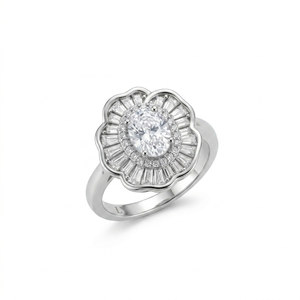 Anillo Vintage de Latón con Flor Blanca y Circonita Cúbica, Piedra Central Ovalada, Corte Baguette, Joyería Nupcial para Mujer, Regalo, Uso en Fiestas - Product Image 1