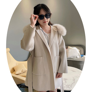 Janefur inverno <span class=keywords><strong>donna</strong></span> cappotto in Cashmere di lana di colore puro cintura stile sciolto chiudi cappotto di lana con cappuccio con collo in vera pelliccia di volpe - Product Image 3