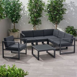 Ensemble <span class=keywords><strong>de</strong></span> <span class=keywords><strong>salon</strong></span> <span class=keywords><strong>de</strong></span> patio <span class=keywords><strong>en</strong></span> métal 7 pièces <span class=keywords><strong>en</strong></span> aluminium noir mobilier d'extérieur avec coussins <span class=keywords><strong>gris</strong></span> foncé résistants à l'eau ensemble <span class=keywords><strong>de</strong></span> canapé <span class=keywords><strong>de</strong></span> <span class=keywords><strong>jardin</strong></span> - Product Image 1
