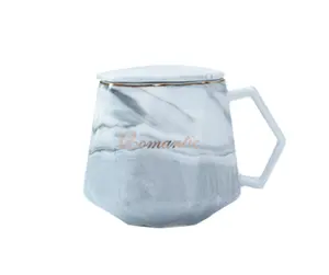 大理石陶瓷咖啡杯创意钻石形咖啡杯马克杯带盖礼品