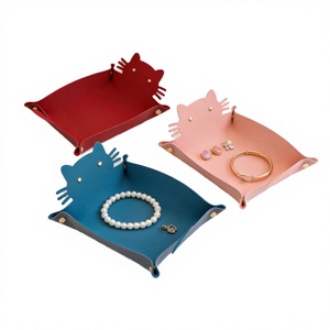 Porte-bijoux carré en cuir motif chat mignon, fermeture à bouton, plateau de rangement portable pour bagues, boucles d'oreilles et petits accessoires 23,5x31,5cm - Product Image 1