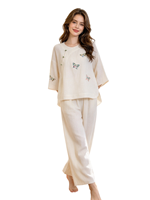 Nouvel ensemble de pyjama en coton brodé de style chinois pour femmes, avec haut à manches fines et pantalon long, manches trois-quarts papillon