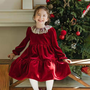 Vestido rojo de manga larga de terciopelo personalizado para niñas hasta la rodilla Otoño Invierno ropa para niños cuello de encaje dulce para Navidad Año Nuevo - Product Image 3