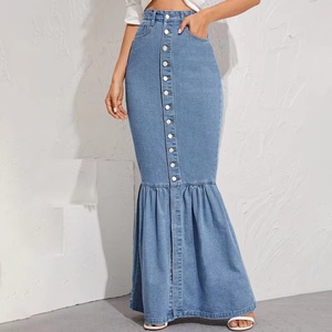 Jupe longue en jean personnalisée à boutons, coupe sirène avec ourlet à volants, pour femme, collection automne - Product Image 1