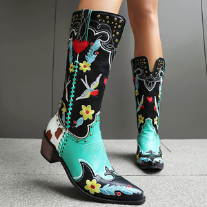 Bottes de chevalier pour femmes avec rivets métalliques, broderies florales, bottes longues de cowboy montantes, chaussures à talons carrés bas multi-motifs pour femmes - Product Image 3