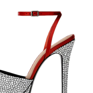 Sandales à plateforme épaisse pour femme, taille 45, avec diamants argentés brillants, coupe large, talons hauts fins, bride de cheville rouge et talon découpé - Product Image 4