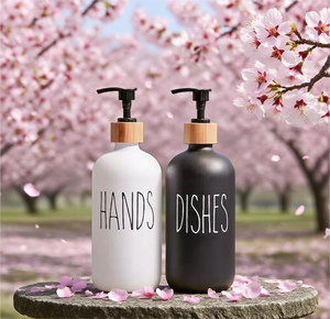 Flacon rond en verre pour désinfectant pour les mains, avec un aspect haut de gamme, adapté au gel douche, avec <span class=keywords><strong>pompe</strong></span> à pression et logo imprimé sur le flacon - Product Image 1