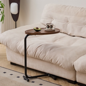 C-Shaped <b>Console</b> <b>Table</b> Wheels Oval Wooden Top Metal Frame Mobile Minimalist Modern Design <b>Narrow</b> Living Room Furniture Easy - Product Image 1