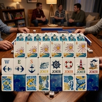 Jeu de Mahjong Nautique en Acrylique, 160 Tuiles avec Motifs Phare et Ancre, Élégant pour Cadeau et Décoration