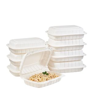 Contenedor de comida desechable biodegradable de bagazo de papel, tipo clamshell, apto para microondas, blanco, para comida rápida para llevar - Product Image 1