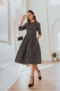 Abito <span class=keywords><strong>Leopardato</strong></span> a Maniche 3/4 per Mamma e Figlia <span class=keywords><strong>Vestito</strong></span> da Festa a Linea A con Scollo Tondo - Product Image 2
