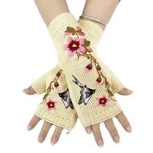 2024女装春季新款中式刺绣小燕子图案针织羊毛手套装饰保暖半指手套