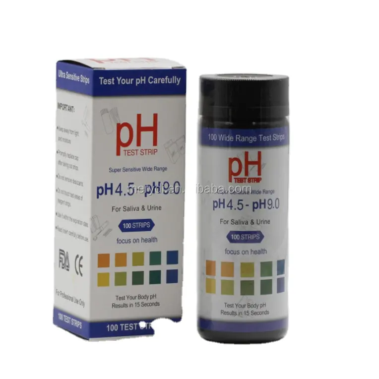 Bandelettes de test de pH 100 pièces par baril, échelle d'équipement de test de niveau de pH corporel 4.5-9.0