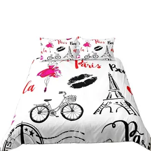 Eiffel Tower Duvet Cover Set King Size Love Heart Bedding Set Polyester Building Set for Girls France Urban Style Paris City