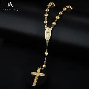 Medalla Virgen Y Corazon Oro Laminado 더블 페이스 Guadalupe 기도 묵주 십자가 광택 일반 구슬 24 인치 조절 가능