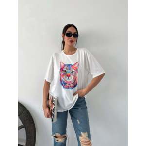 Camiseta básica de algodón estampada para mujer, manga regular, jersey transpirable, diseño de gato blanco - Product Image 2