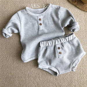 Ropa de Alta Calidad para Bebés y Niños, Conjuntos de 2 Piezas de Algodón Waffle Marrón, Moda Boutique de Primavera - Product Image 6