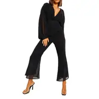 Шифон jumpsuuts женские прозрачные комбинезон черного цвета, с глубоким v-образным вырезом с длинным пышными рукавами Комбинезоны
