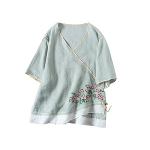 Women Cotton Linen V-neck Short Sleeve Top With Floral Embroidery Chinese Style Tea Dress Breathable Summer <b>Blouse</b> - Product Image 5