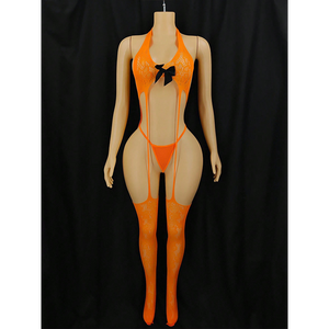 Ganzkörper strumpf Fashion Bow Y2K Style Orange Halfter Dessous Set mit transparentem Mesh-Stoff und mutigen Hollow Out Details für Frauen - Product Image 6