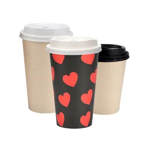 High Quality 16Oz Takeout One Time Use, Printed Logo Double Wall Disposable Cups Coffee Paper Cups With Lid/