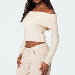 Pull en tricot à manches longues et épaules dénudées élégant et tendance pour femmes, haut uni pour l'automne et l'hiver, nouveau style, hauts en <span class=keywords><strong>crochet</strong></span> - Product Image 3