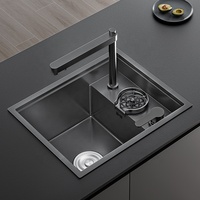 Évier de cuisine en acier inoxydable SUS304 45x38cm avec couvercle rabattable noir dissimulé pour préparation, rinçoir à verres, double égouttement, personnalisable OEM