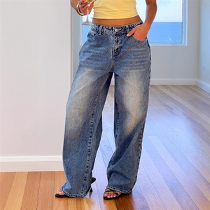 <span class=keywords><strong>Jean</strong></span> en denim pour femme, coupe droite, délavé bleu, style vintage, décontracté, ample, jambe large, longueur intégrale, tendance, avec poche cœur, collection automne - Product Image 2
