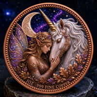 Pièce de monnaie commémorative en cuivre fin .999 de 1 oz, motif Fée et Licorne, Lune Crescent, Nuit Étoilée, Elfe Ailé, pièce souvenir, cadeau de présentation