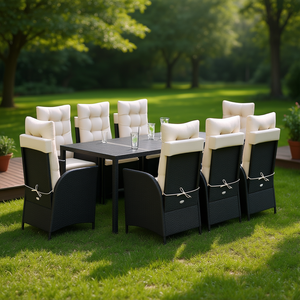 Set da pranzo da giardino in rattan bianco crema e nero, 8 posti, resistente alle intemperie, mobili da esterno dal design contemporaneo - Product Image 3